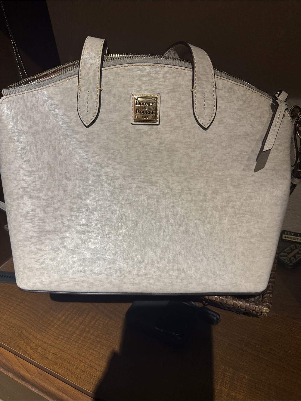 Dooney & Bourke Cream Saffiano Leather Satchel with Gold Hardware
